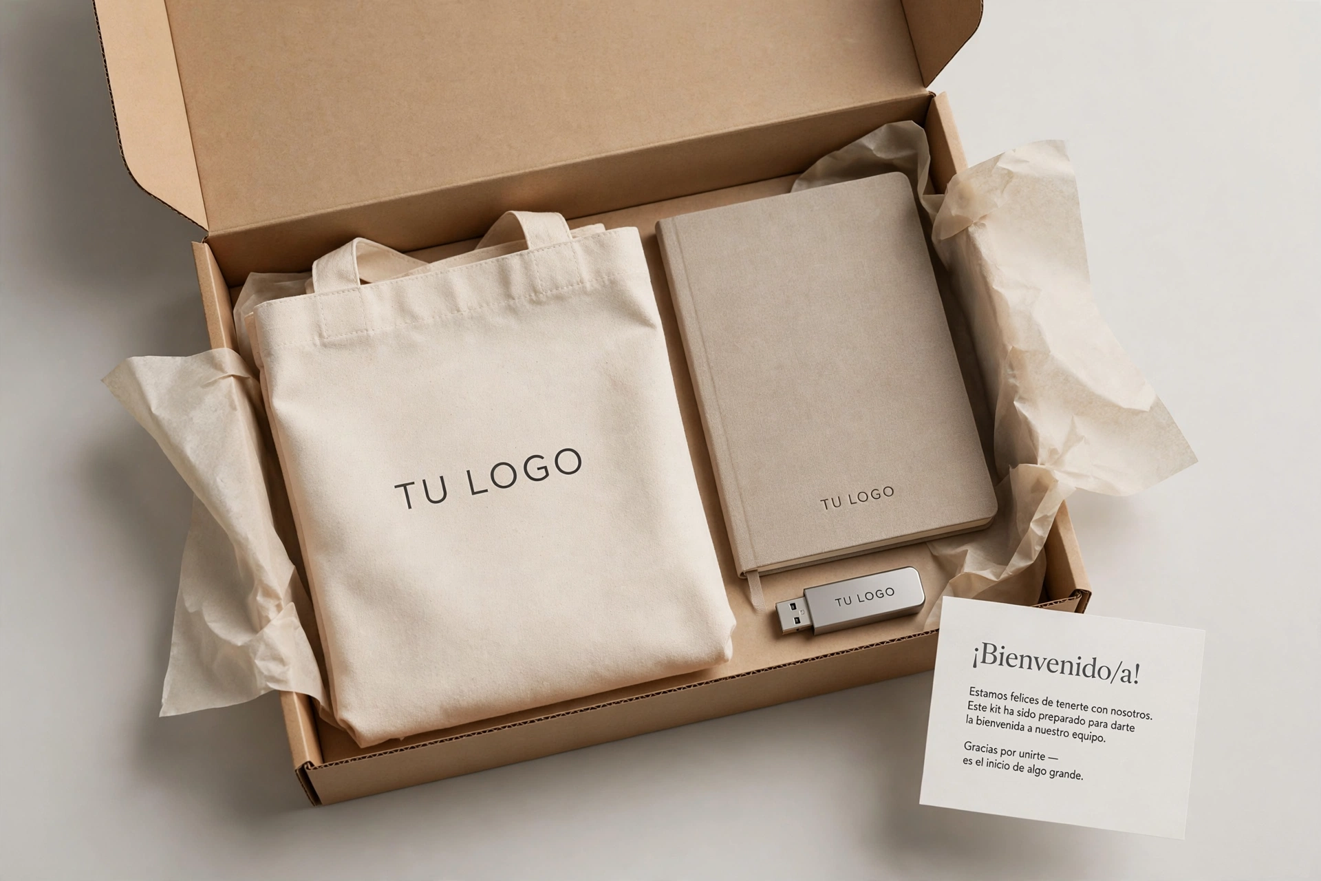 Propuesta visual del packaging de un kit corporativo en caja de presentación