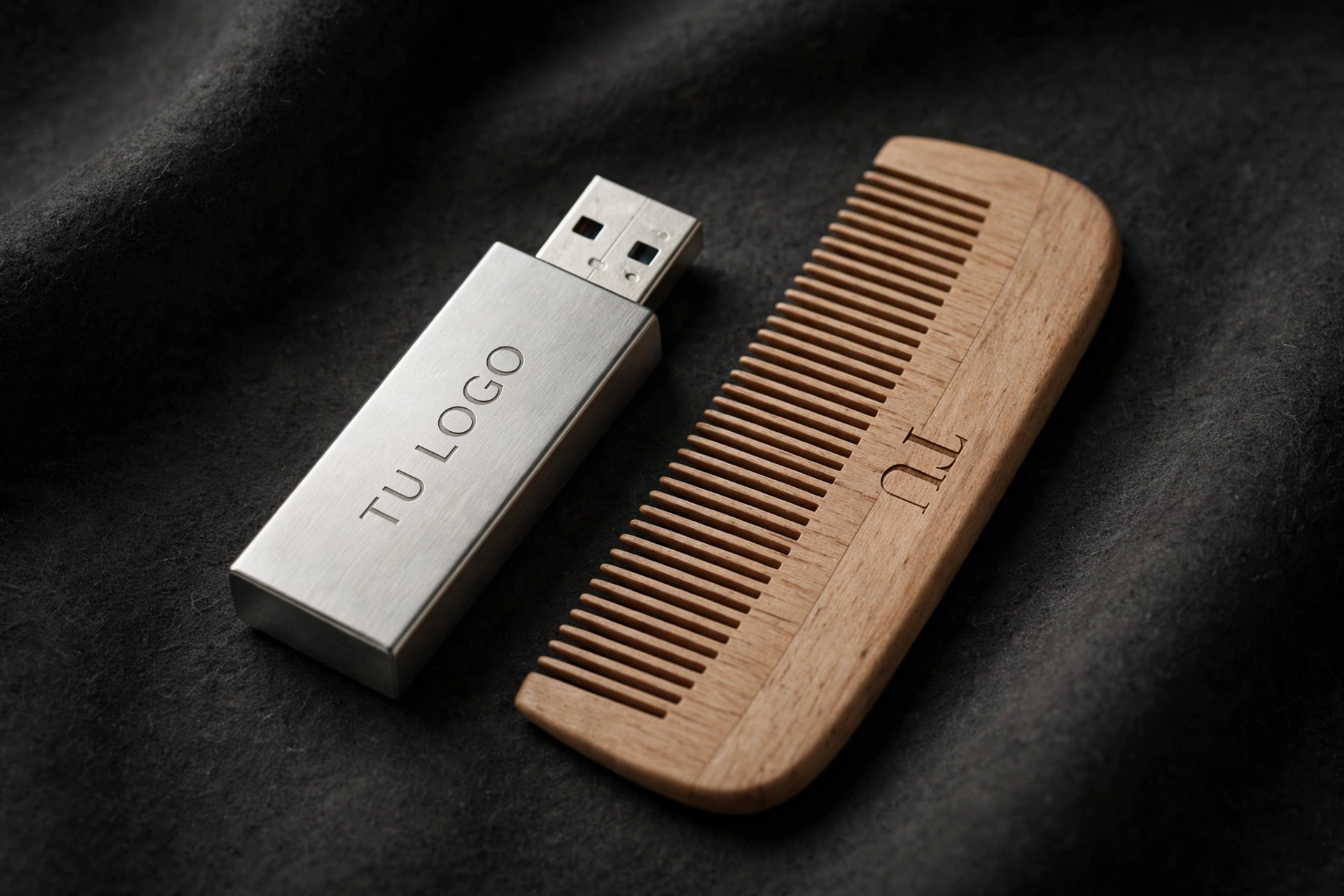Propuesta visual de regalo para ponentes: USB metálico con logo y peine de madera grabado