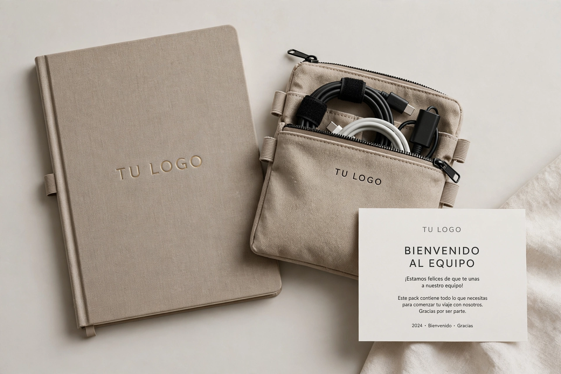 Propuesta visual de welcome pack para equipos con libreta, organizador de viaje y tarjeta de bienvenida