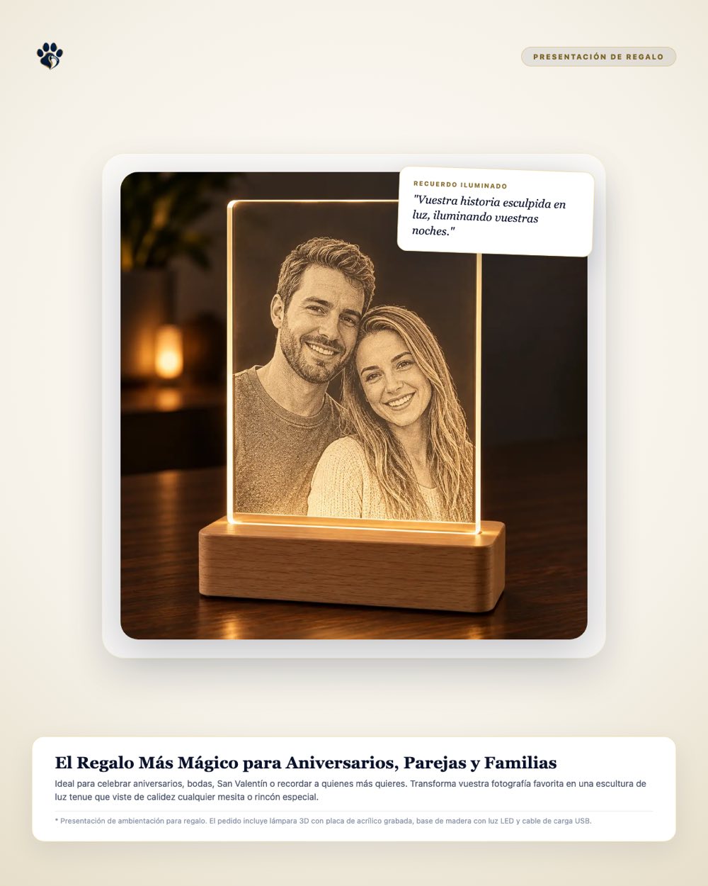 Presentación de la lámpara 3D como regalo emotivo para parejas y aniversarios